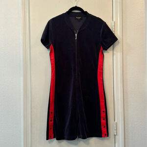 Juicy Couture Black Label 90s Retro Velour Navy/Red Dress Snap Zip-Up Detail - M